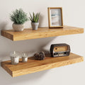 Fun Memories Solid Elm Wood Floating Shelves Set of 2-24 Inch Rustic Wall Shelves with Heavy-Duty Invisible Brackets - for Li