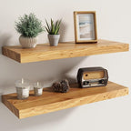 Fun Memories Solid Elm Wood Floating Shelves Set of 2-24 Inch Rustic Wall Shelves with Heavy-Duty Invisible Brackets - for Li