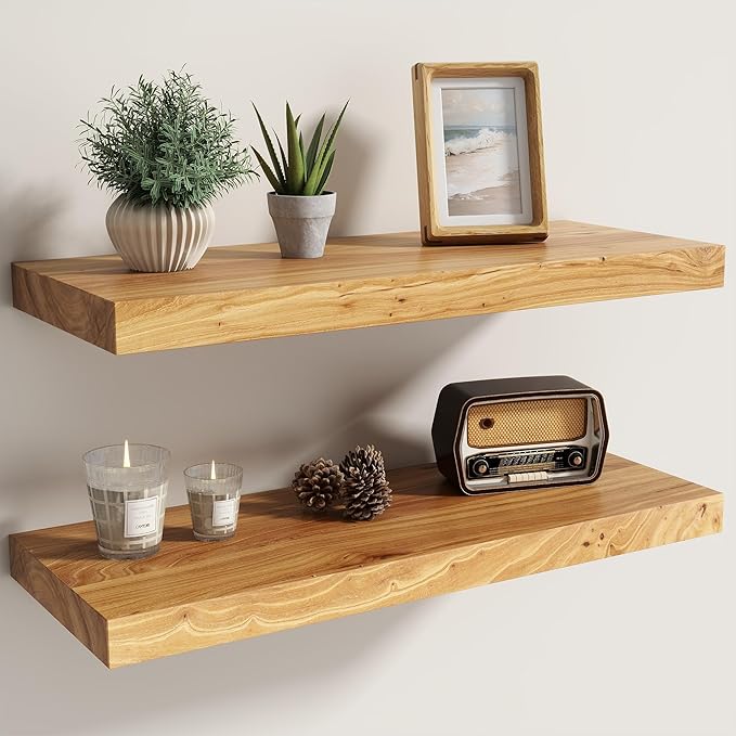 Fun Memories Solid Elm Wood Floating Shelves Set of 2-24 Inch Rustic Wall Shelves with Heavy-Duty Invisible Brackets - for Li