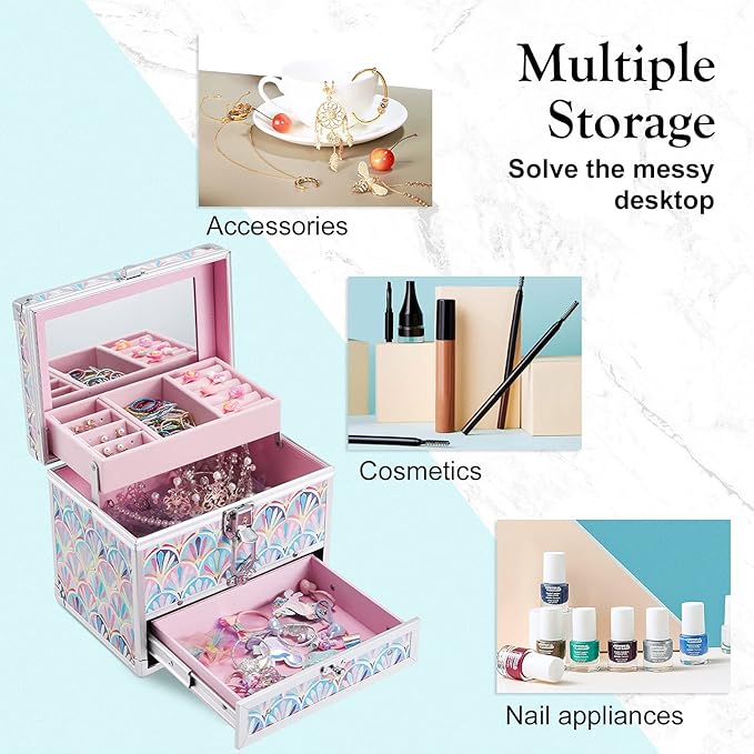 Hododou Girls Jewelry Box Organizer with Drawer & Mirror, Mermaid Tail Style Lockable Storage Case for Kid or Little Girls Je