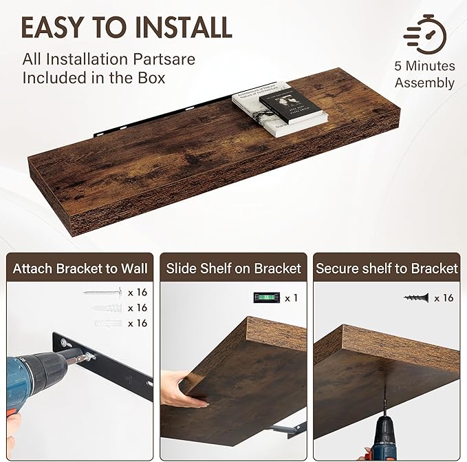 40 Inch Floating Shelves, 12" Deep Floating Shelf Wall Mounted, 40" Wall Shelves, Rustic Deep Bookshelf, Extra Deeper & Thick