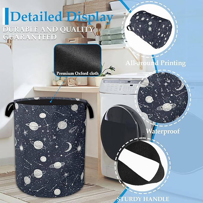 Star Moon Laundry Basket Collapsible Laundry Hamper with Handle, Oxford Clothes Toy Storage Bin for Bathroom Bedroom Room Dec