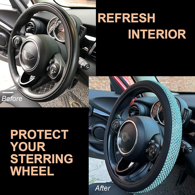 PINCTROT Large Size Bling Comfy Steering Wheel Cover with Jumbo Crystal Rhinestones, Anti-Slip Diamond Leather, 15.5-15.75 Inch (Sky Blue)