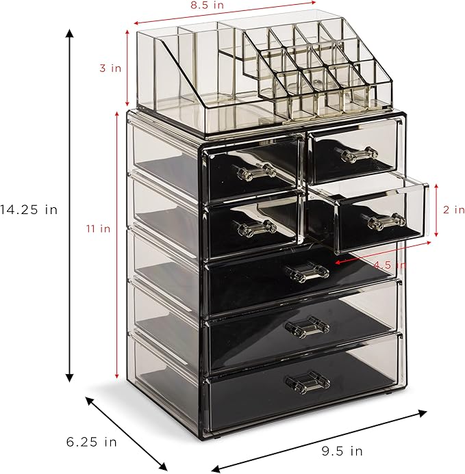 Sorbus Acrylic Makeup Organizer Set, 7-Drawer Vanity & Countertop Cosmetic Storage with Small & Wide Compartments, Black-Tint