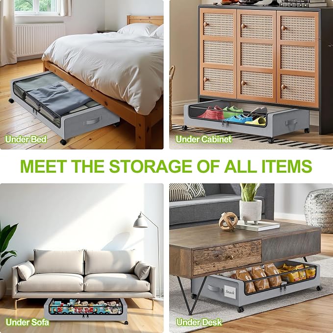 Under Bed Storage with Wheels, 4-Pack Underbed Storage Containers with Clear Lids, Under Bed Shoe Storage Organizer, Rolling 