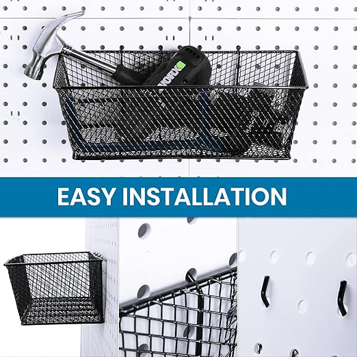 Sieral 4 Pcs Black Pegboard Baskets Metal Wire Shelf Baskets Peg Board Organizer Accessories Wall Mount Organizer Attachments