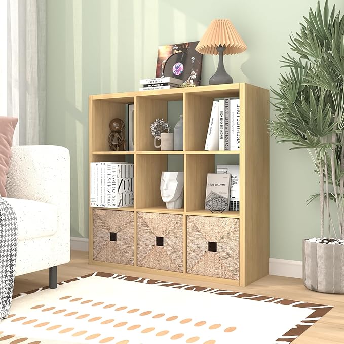 CTESNE【2026 Wooden Thick Frame 9 Cube Storage Organizer Shelf with Anti-Tipping Kits + Reversible Open Back Bookcase, Horizon