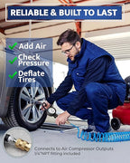 Tire Inflator with Pressure Gauge and Longer Hose - Most Accurate, Heavy Duty Air Chuck with Gauge for Air Compressor Tire Inflator Attachment - 100PSI