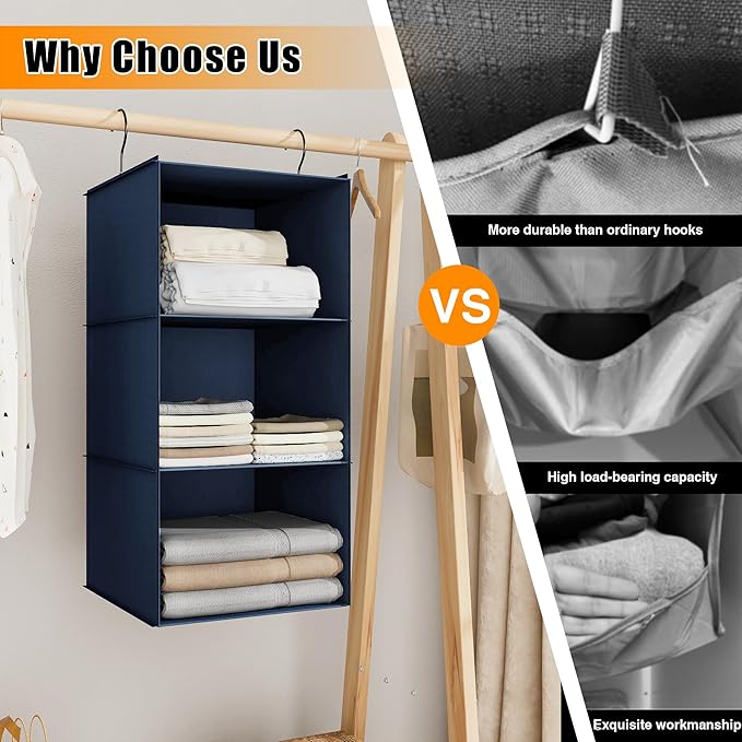 Hanging Closet Organizer - 3-Shelf, Easy Mount Foldable Wardrobe Storage Shelves for Clothes, Handbags, Shoes & Accessories -