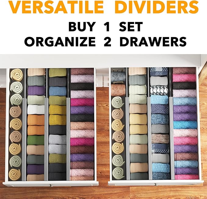 SpaceAid Bamboo Dresser Drawer Dividers 6 Pack, 4.65“ High Adjustable 17“-22” Drawer Organizers, Expandable Organization for 
