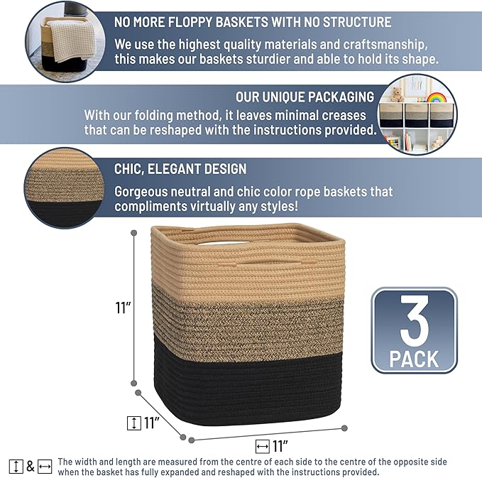 NaturalCozy Storage Cubes 11 Inch Cotton Rope Woven Baskets for Organizing, 3-Pack | Cube Storage Bin | Square Storage Basket