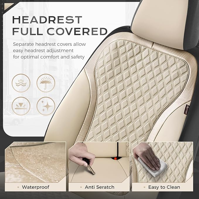 Coverado Car Seat Covers Full Set, Beige Car Seat Covers, Luxury Leather Car Seat Cover with Carbon Fiber Textured Design, Sp
