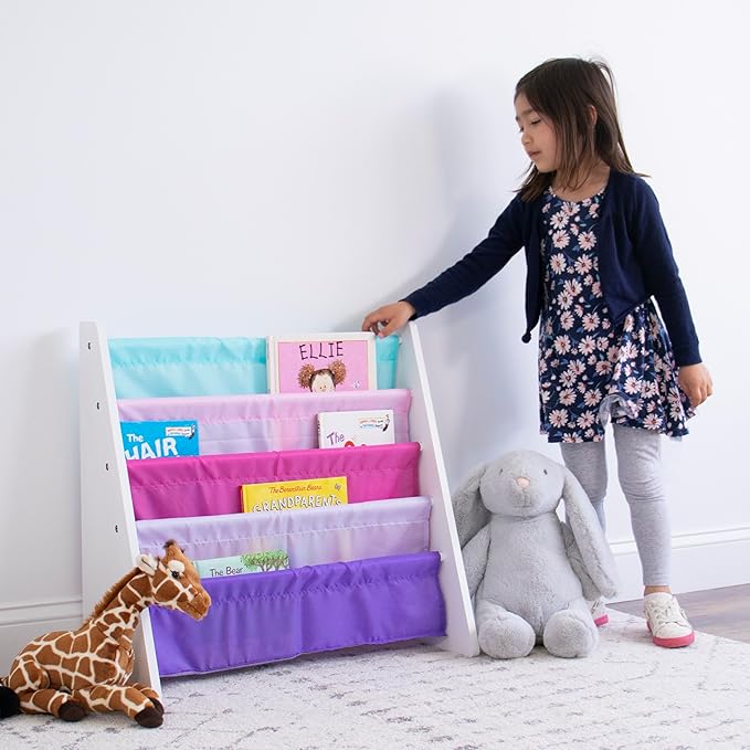 Humble Crew 4-Tier Kids Bookshelf, White/Pink/Purple/Blue - Premium Book Shelf for Kids Rooms with Four Deep Pockets - Toddle