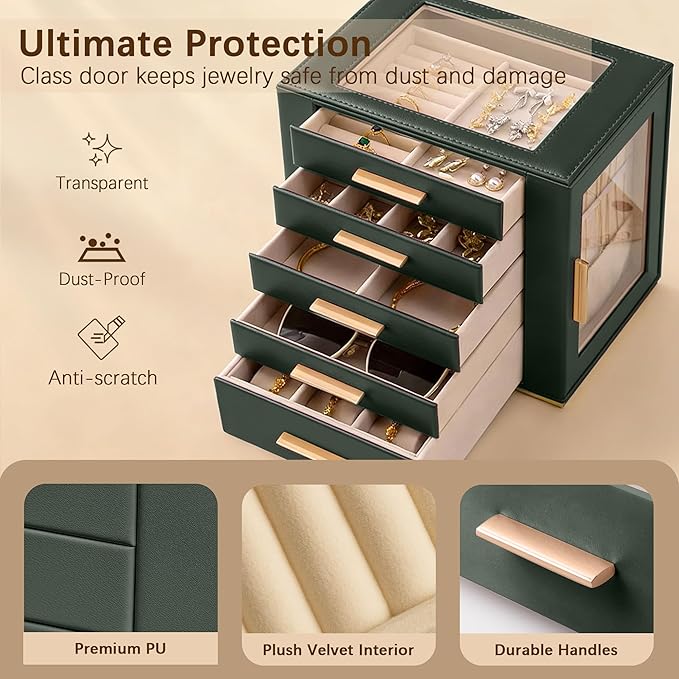 Homeanda Jewelry Box for Women with Glass Lid, 5 Drawers Jewelry Organizer and Storage for Necklaces, Rings, Earrings, Bracel