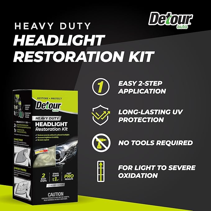 Detour Heavy Duty Headlight Restoration Kit - 2 Easy Steps to Professionally Restore Yellowed and Clouded Plastic Headlights,