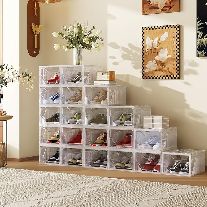AWTATOS Shoe Storage Boxes, Thickened Shoe Storage Organizer with Clear Magnetic Door, Stackable Shoe Container with Lids, Co