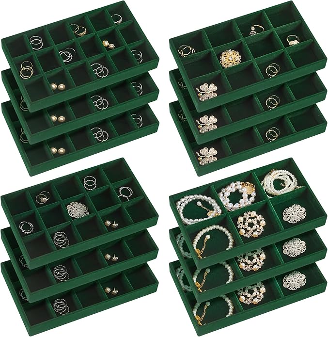Junkin 12 Pcs Jewelry Tray Velvet Stackable Jewelry Organizer Trays Divided Earring Accessories Storage Containers Box (Rose 