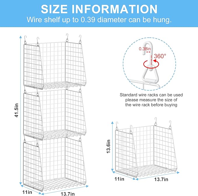 3-Pack Extra-Tall 13.6'' Hanging Laundry Basket Organizer, Foldable Wire Shelf with 360° Rotating Hooks & Reinforced Height -