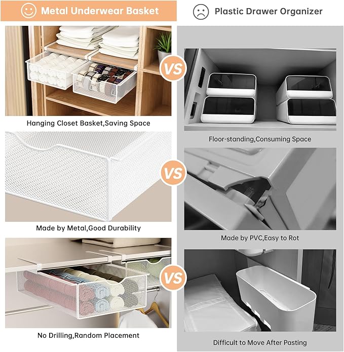 2 Pack Closet Pull-Out Baskets Bra Underwear and Sock Organizer for Drawer Women College Dorm Room Essentials (White)