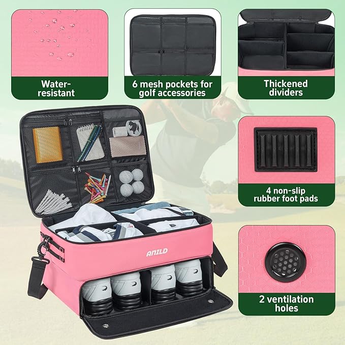 ANILD Golf Trunk Organizer, 2 Layer Golf Storage Case with Separate Ventilated Compartment for 2 Pair Shoes, for Balls, Tees,