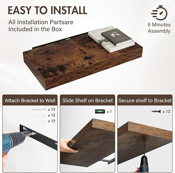 24 Inch Floating Shelves, 12" Deep Floating Shelf Wall Mounted, 24" Wall Shelves, Rustic Deep Bookshelf, Extra Deeper & Thick