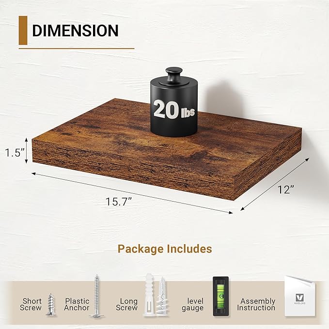 Vivelove 12 Inch Deep Floating Shelves for Wall, 16" Long Wall Shelves with Invisible Brackets, for Living Room Bedroom Bathr