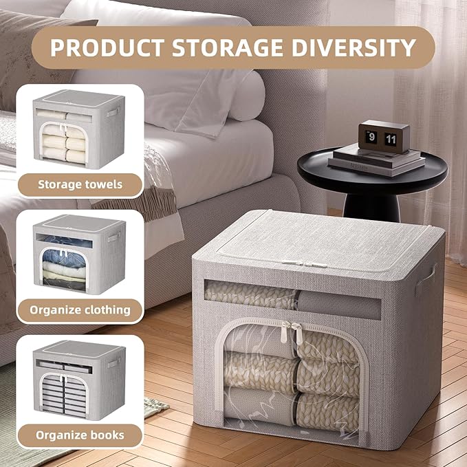 FHSQX 6 Pack Foldable Storage Bins for Clothes Clothes Storage Bins with Metal Frame Stackable Storage Box with Lid (Light Gr