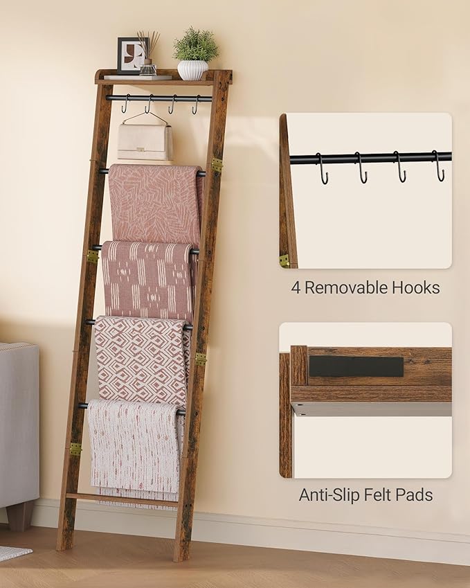 Hzuaneri Blanket Ladder Shelf, Decorative Quilt Rack, 7-Tier Farmhouse Ladder Holder Organizer with 4 Removable Hooks 7.9" D 