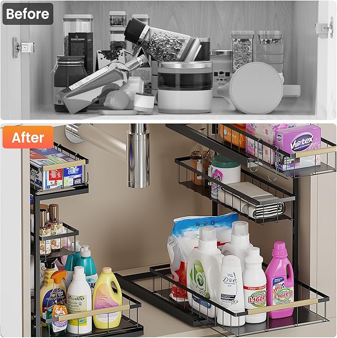 Under Sink Organizer and Storage for Bathroom and Kitchen - 2 Pack 3 Tier Under Cabinet Pull Out Shelf Organizers - Slide Out
