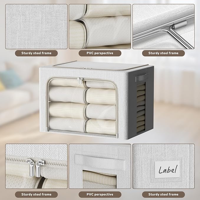 FHSQX 6 Pack Clothes Storage Bins with Metal Frame Foldable Storage Bins for Clothes Linen Fabric Storage Box with Clear Wind