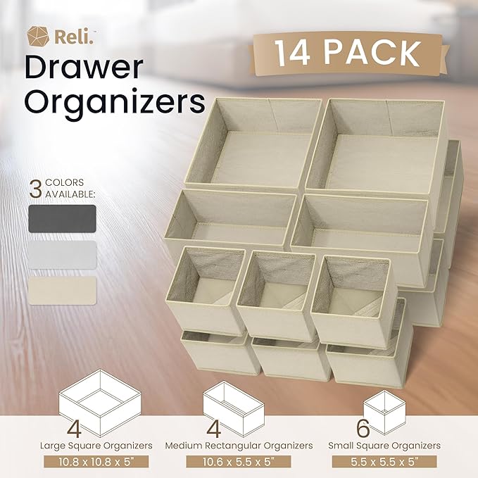 Reli. Drawer Organizer Clothes (14 Pack) | Dresser Drawer Organizers & Nursery Organization | Foldable Fabric Dresser Storage