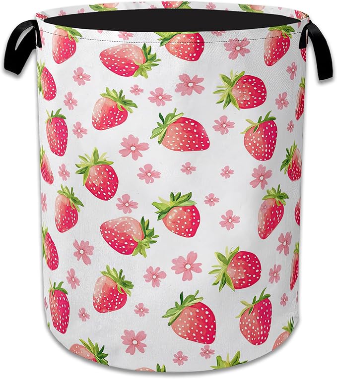 Straberry Flower Laundry Basket Collapsible Laundry Hamper Clothes Toy Storage Bin for Bathroom Bedroom Room Decor 16" X 20.8