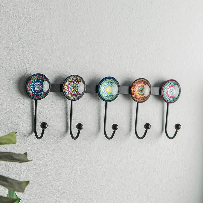 Boho Coat Rack Wall Mounted with 5 Hooks, Multi-Color Mandala Pattern Decorative Wall Hooks for Hanging Hat, Key, Towel, Purs