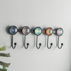 Boho Coat Rack Wall Mounted with 5 Hooks, Multi-Color Mandala Pattern Decorative Wall Hooks for Hanging Hat, Key, Towel, Purs