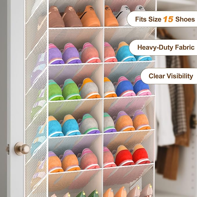 20-30 Pairs Over the Door Shoe Organizer, Breathable Mesh Pocket Hanging Shoe Storage for Closet, 10-Tier Door Shoes Rack, Ha