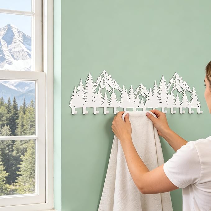 Large White Mountain Wall Mount with 14 Hooks, Decorative Forest Art Wall Hangerfor Cabin Entryway Front Door Bathroom Kitche