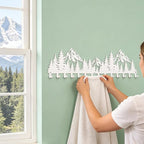 Large White Mountain Wall Mount with 14 Hooks, Decorative Forest Art Wall Hangerfor Cabin Entryway Front Door Bathroom Kitche