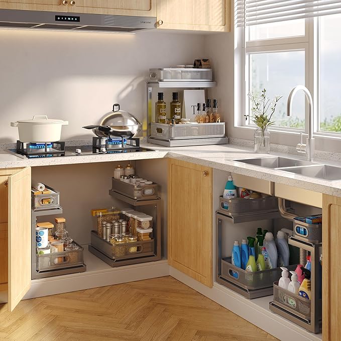 1-Pack Under Sink Storage Organizer with 2-Tier Slide Out Drawer, Sophisticated Mesh Pull Out Shelf for Kitchen & Bathroom, F