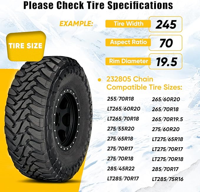 232805 Snow Tire Chains, 2-Pack Adjustable Anti-Slip Chains for Cars, SUVs, Pickup Trucks, Compatible with Tire Sizes 245/70R