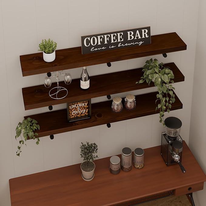 Industrial Pipe Wall Wood Shelves,Real Wooden Shelves 48" in Walnut Color with 1.2" Extra Thick, Modern Floating Shevles Book