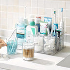 Vtopmart 5 PCS Bathroom Countertop Organizer, 1 Divided Tray with 4 Qtip Holder Jars, Restroom Clear Organizers for Toothbrus