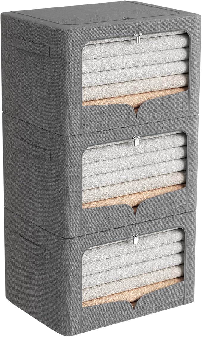 FHSQX 3 Pack Extra Large Clothes Storage Bins Foldable Metal Frame Storage Box Stackable Linen Fabric Organizer Set with Carr
