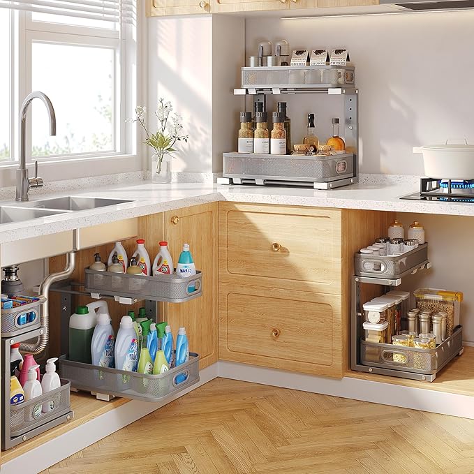 1 Pack 15.7IN-Depth Under Sink Organizer With Smooth Cylindrical Rail,2-Tier Pull Out Multi-Purpose Cabinet Storage for Bathr
