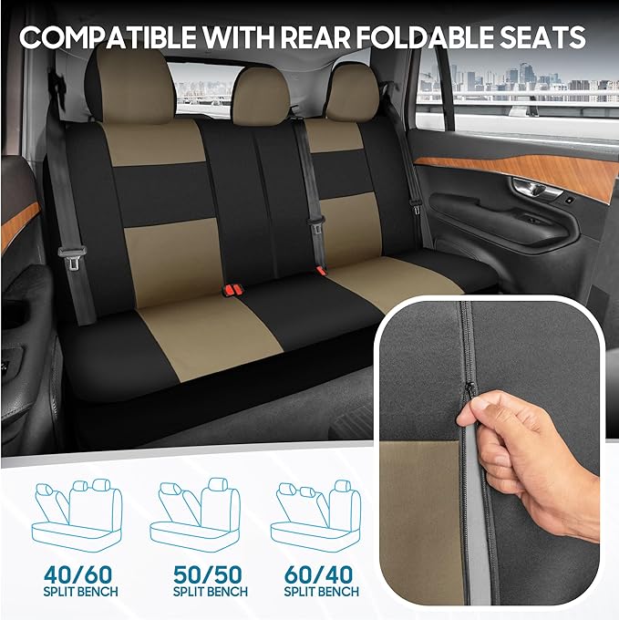 BDK PolyPro Car Seat Covers Full Set in Beige on Black – Front and Rear Split Bench Seat Covers for Cars, Easy to Install Car