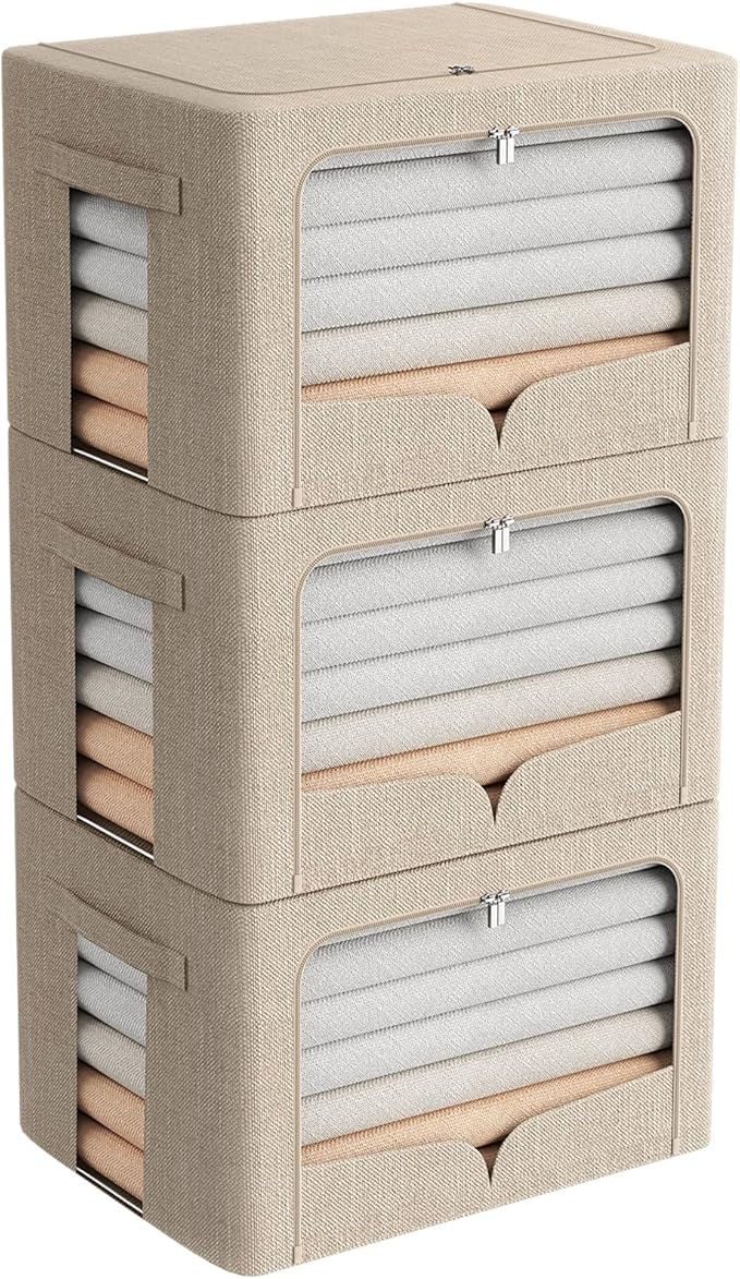 FHSQX 3 Pack Clothes Storage Bins Foldable Metal Frame Storage Box Stackable Linen Fabric Organizer Set with Carrying Handles