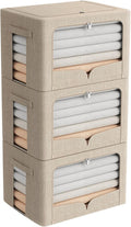 FHSQX 3 Pack Clothes Storage Bins Foldable Metal Frame Storage Box Stackable Linen Fabric Organizer Set with Carrying Handles