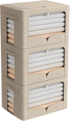 FHSQX 3 Pack Clothes Storage Bins Foldable Metal Frame Storage Box Stackable Linen Fabric Organizer Set with Carrying Handles