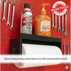 Pegboard Paper Towel Holder with Shelf, MADD Tools Black Pegboard Accessories Tool Holder Organizer, Peg Board Accessory Kit 