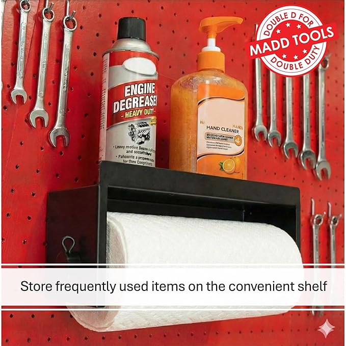 Pegboard Paper Towel Holder with Shelf, MADD Tools Black Pegboard Accessories Tool Holder Organizer, Peg Board Accessory Kit 