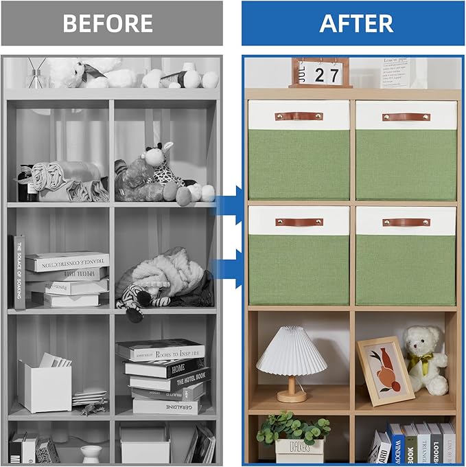 Temary 13 Inch Cube Storage Bin 4 Pack Fabric Storage Cubes Fabric Storage Bin for Shelf, Cube Storage Basket with Leather Ha
